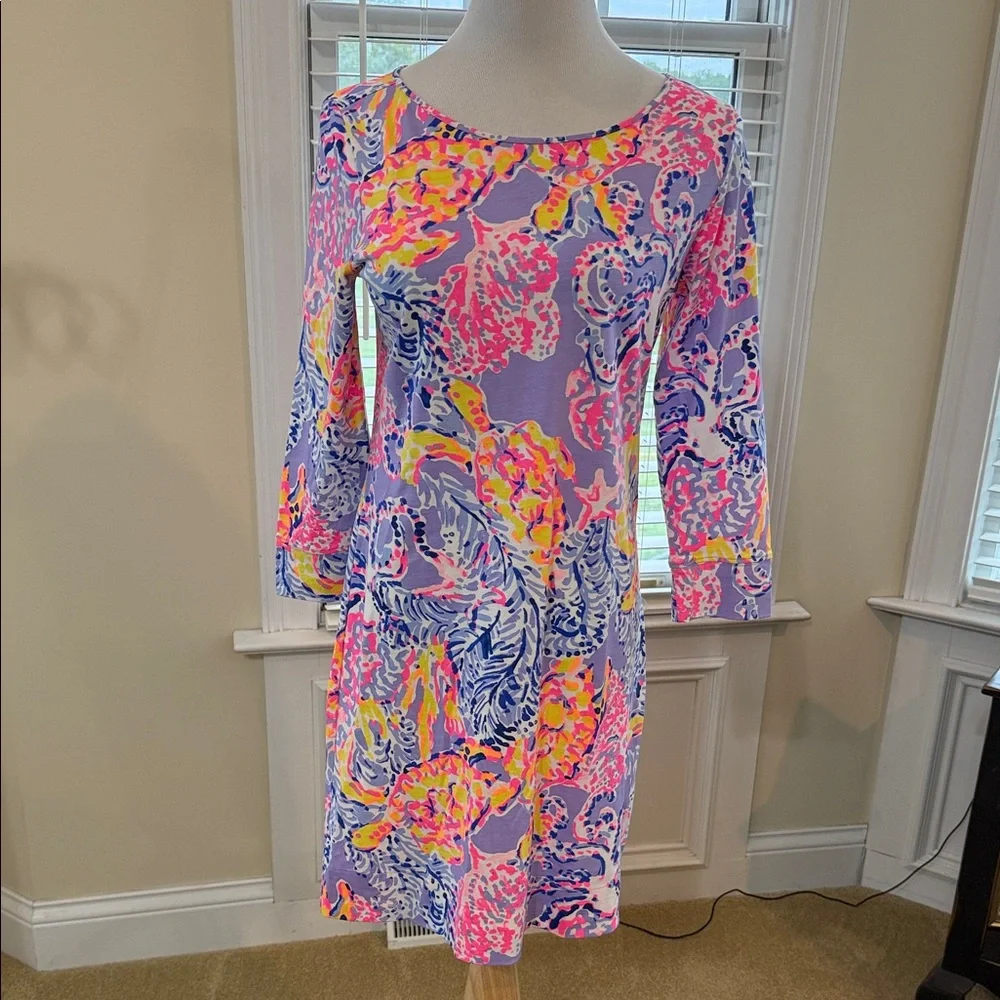 Lilly Pulitzer Lavender Floral Long-Sleeve Shift Dress with Pink & Yellow Print - Picture 1 of 4